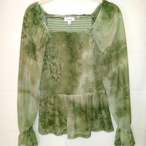 Creneau Top S Green Stretch Knit Smocked Bodice Peplum Shirt Blouse Womens Small